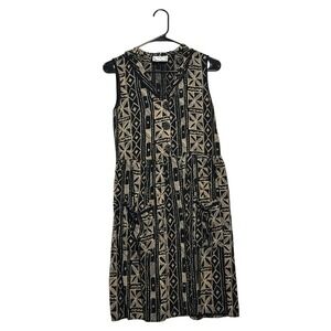 Dressing Clio VTG Boho Midi Dress Black Tan Tribal Sleeveless USA Women's M